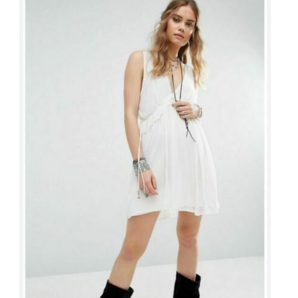 Free People Rio Grande Ivory Ruffle V-Neck Mini Dress Sleeveless Boho Gauze L